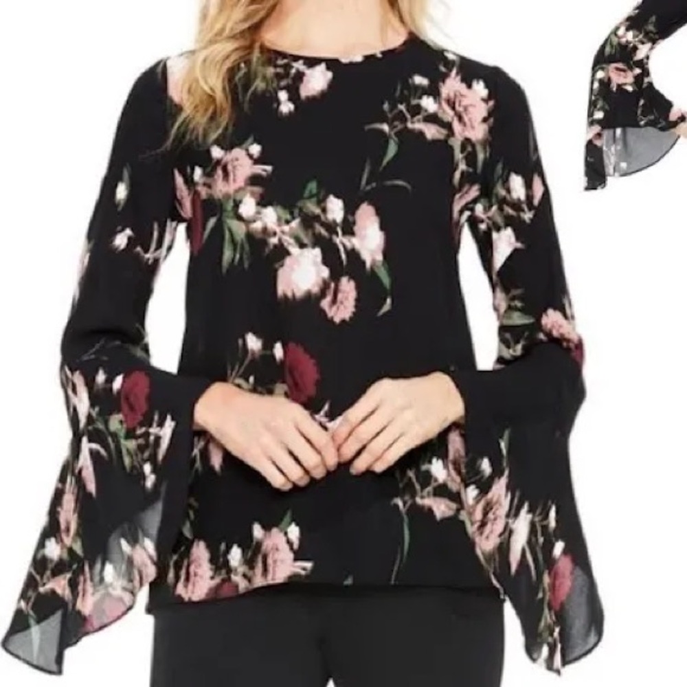 Vince Camuto Blue and Black Ruffled Bell Sleeve Blouse